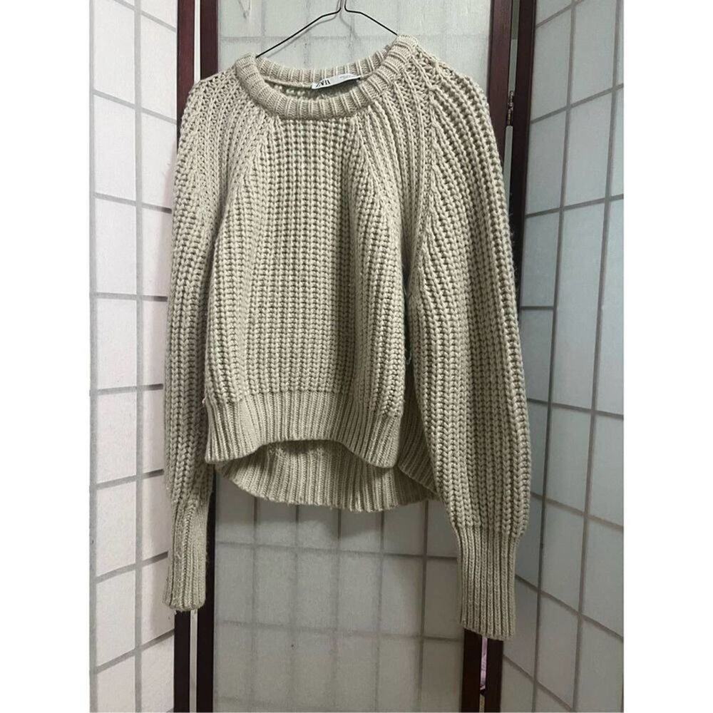 ZARA Womens Cable Knit Crew Neck Rib Trim Pullover Sweater Tan Medium